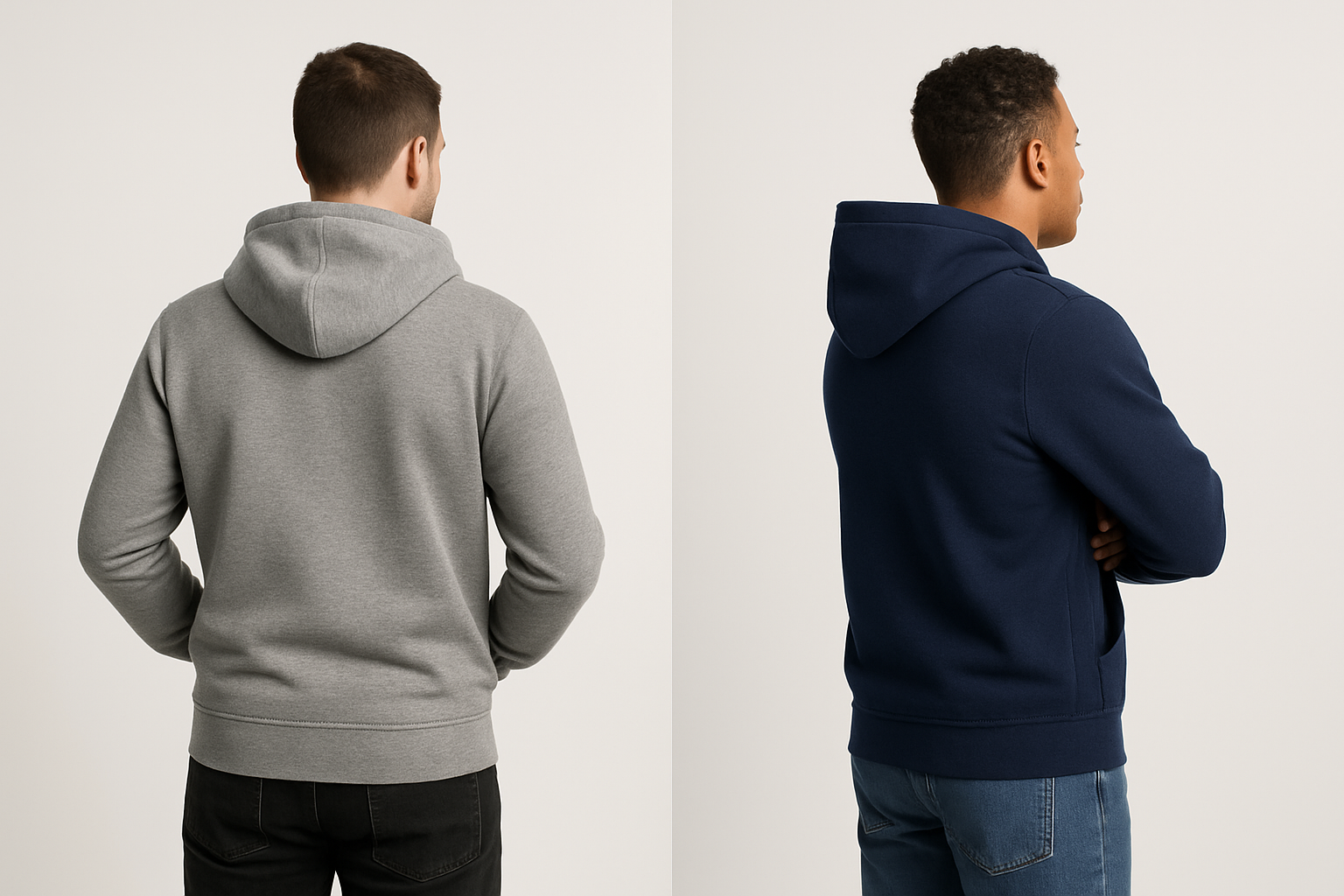 2 dudes modeling plain hoodies in different poses but facing away from us